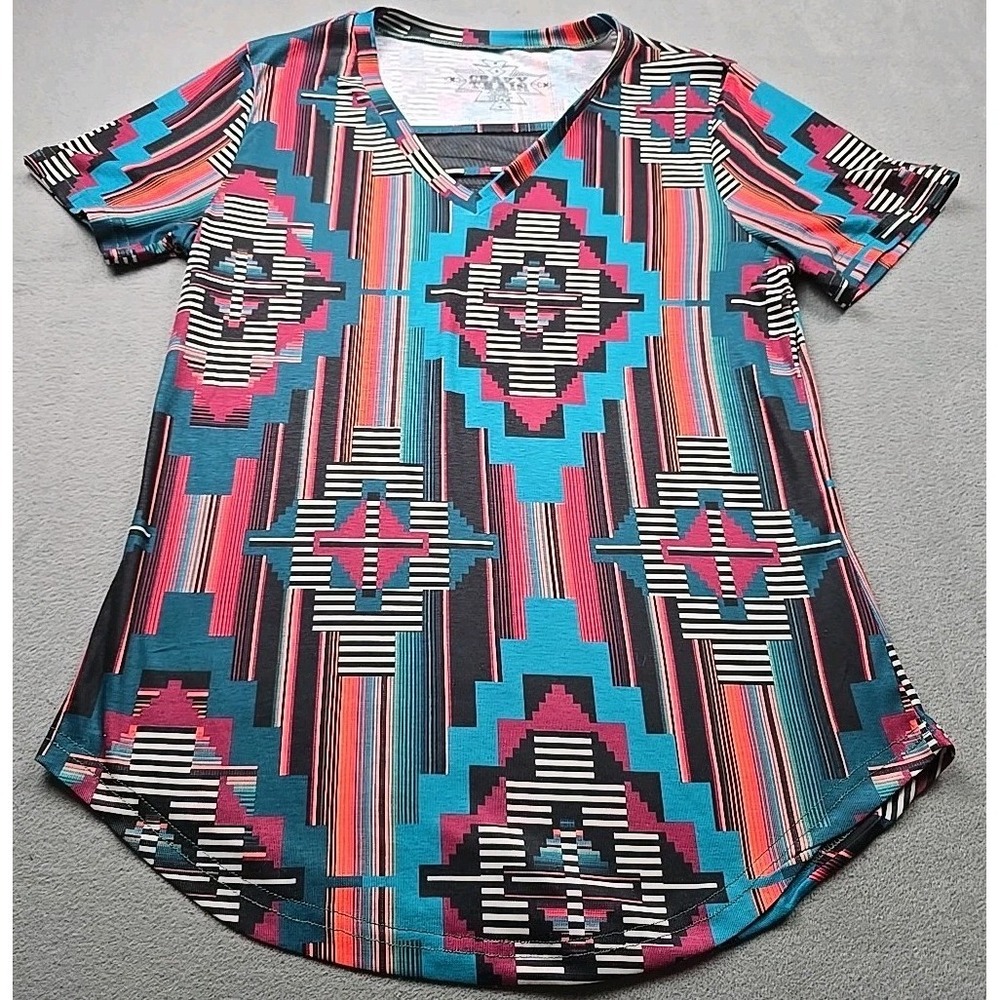 Crazy Train Women's Multicolor Aztec‎ Print Soft T-Shirt Small NWT